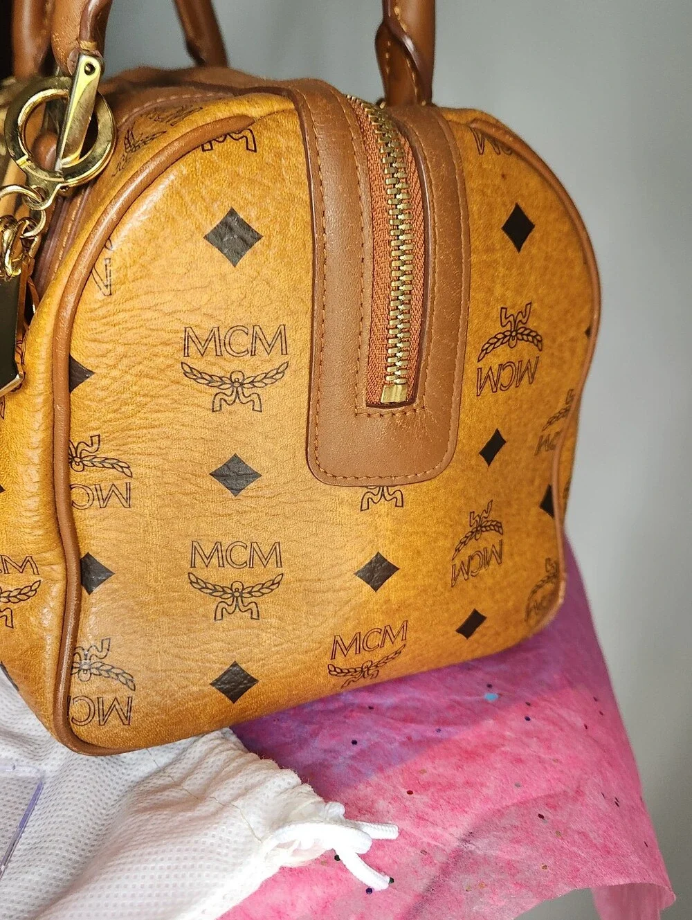 MCM Cognac Monogram Boston satchel 6 pc set EUC